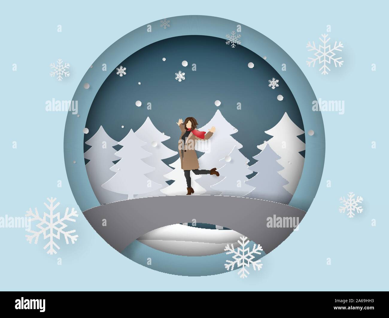 Paper art and craft style of winter season, A happy woman wearing clothes and scarf standing on the bridge with snowing, welcome winter season Stock Vector