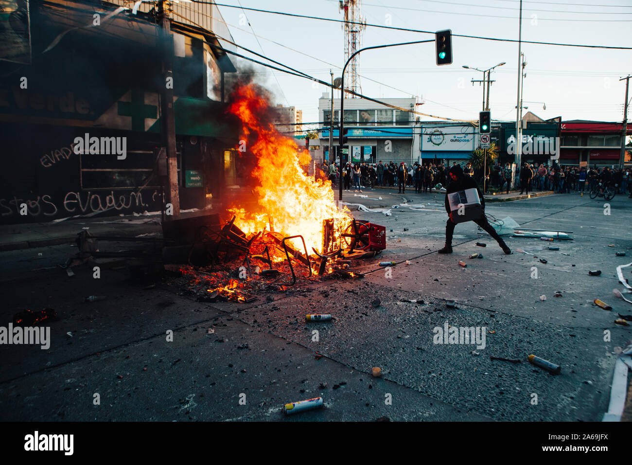 QUILPUE, CHILE - OCTOBER 20, 2019 - Barricades during protests of the 'Evade' movement against the government of Sebastian Pinera Stock Photo