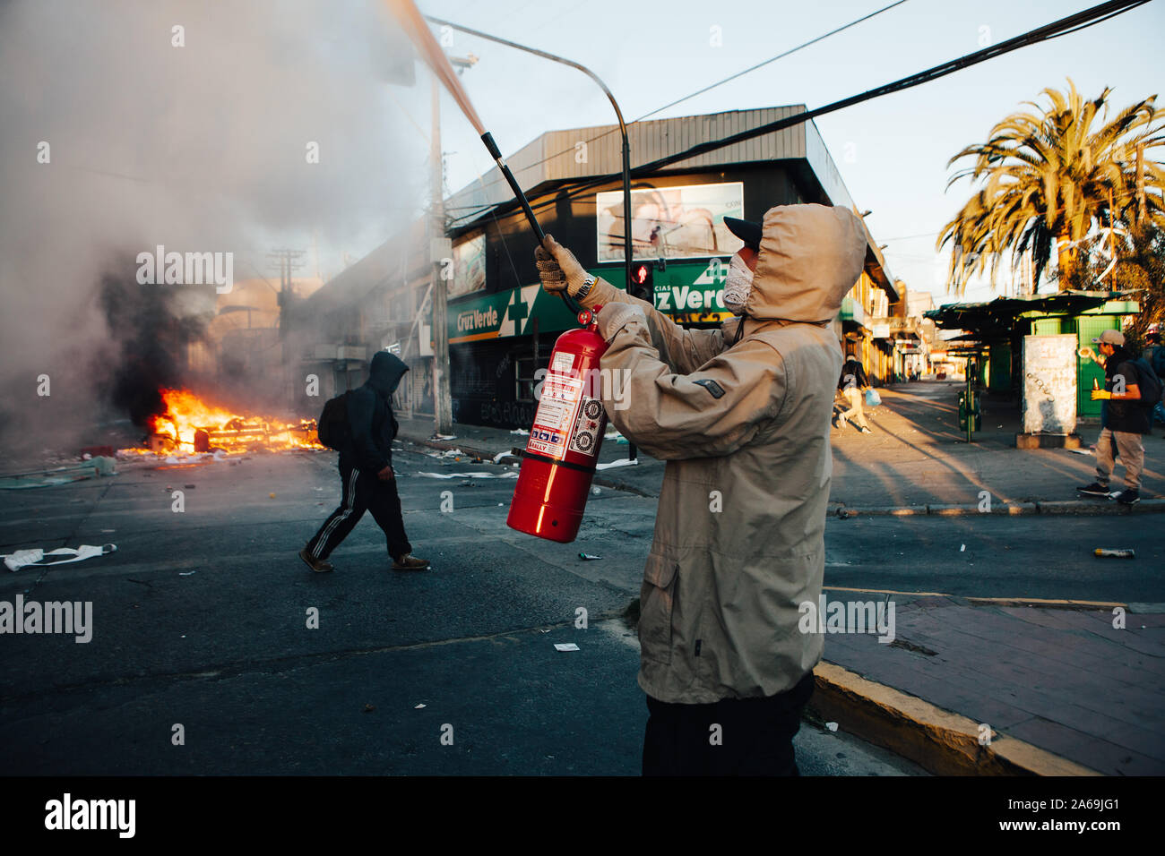 QUILPUE, CHILE - OCTOBER 20, 2019 - Barricades during protests of the 'Evade' movement against the government of Sebastian Pinera Stock Photo