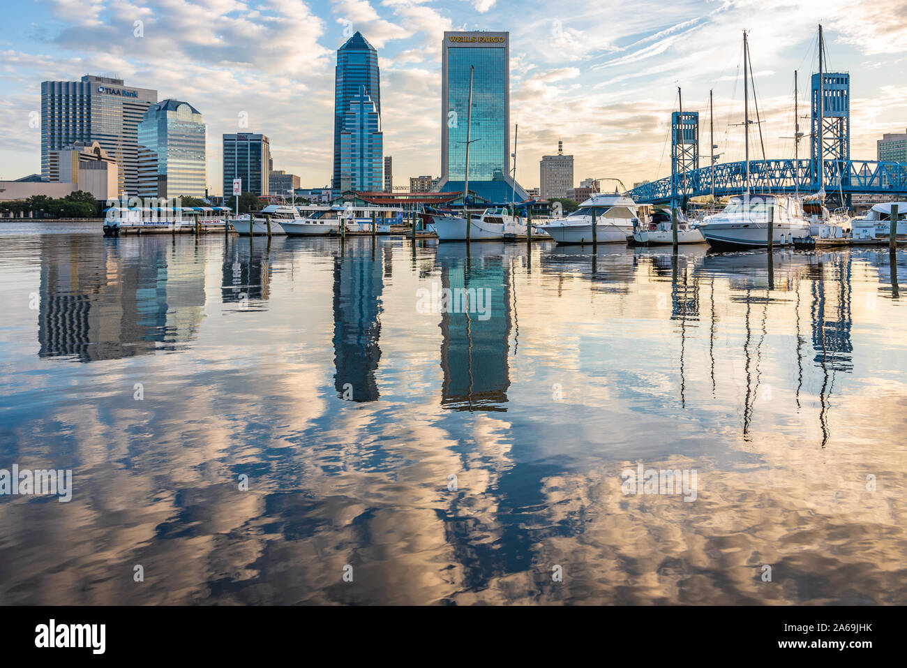 Sunrise riverfront view of the Downtown Jacksonville skyline along the St. Johns River in Jacksonville, Florida. (USA) Stock Photo