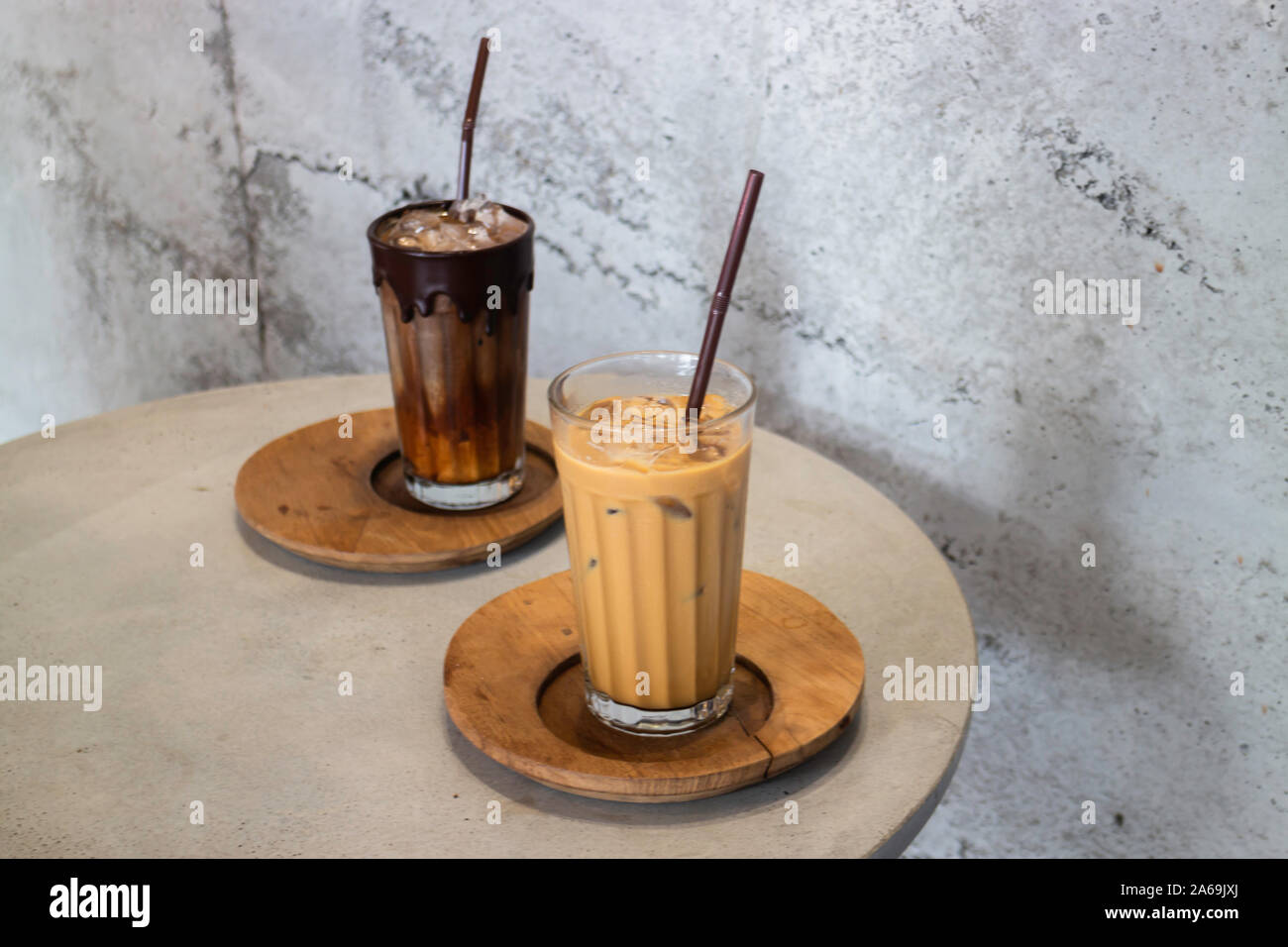 two glasses of iced coffee latte Stock Photo by magone