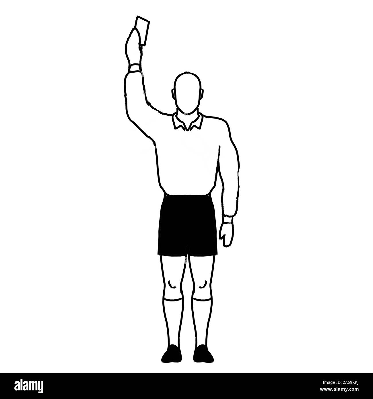 Retro style line drawing illustration showing a rugby referee with penalty Red Card Sending Off or Yellow Card Caution hand signal on isolated backgro Stock Photo