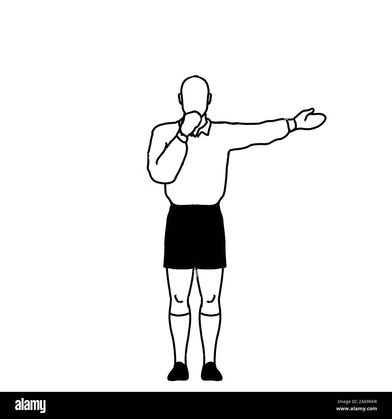 Retro style line drawing illustration showing a rugby referee with penalty Direct Free Kick hand signal on isolated background in black and white. Stock Photo