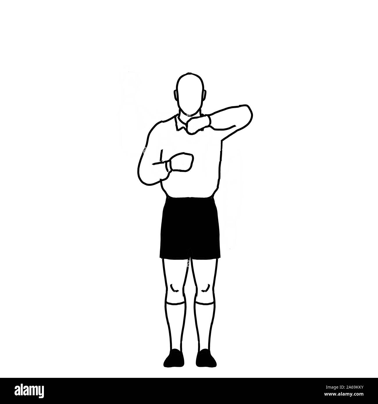 Retro style line drawing illustration showing a rugby referee with penalty leaning on lineout hand signal on isolated background in black and white. Stock Photo