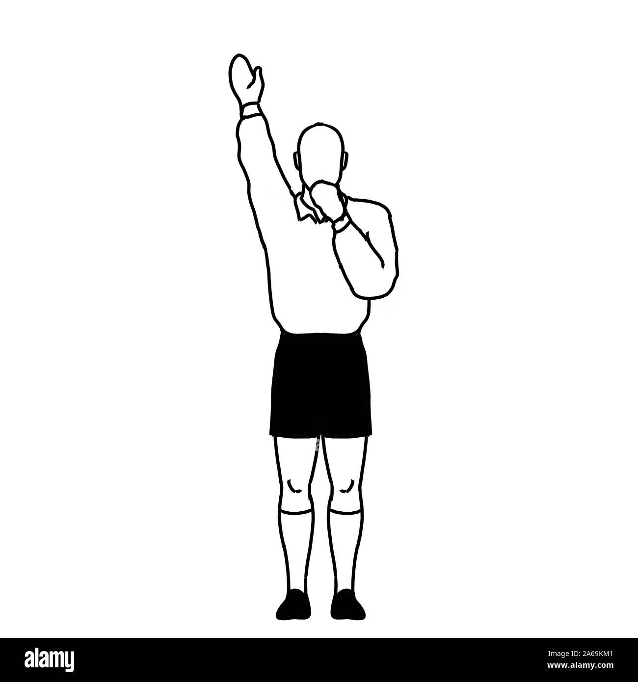 Retro style line drawing illustration showing a rugby referee with penalty try hand signal on isolated background in black and white. Stock Photo