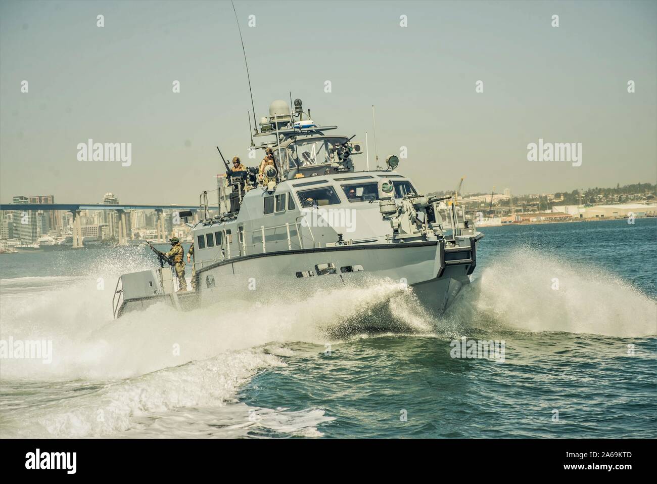 191010-N-NT795-301 SAN DIEGO (Oct. 10, 2019) Sailors assigned to Coastal Riverine Squadron (CRS) 3, are underway aboard a MKVI patrol boat during unit level training provided by Coastal Riverine Group (CRG) 1 Training and Evaluation Unit. The Coastal Riverine Force is a core Navy capability that provides port and harbor security, high value asset security, and maritime security operation in the coastal and inland waterways. (U.S. Navy photo by Chief Boatswain’s Mate Nelson Doromal Jr) Stock Photo