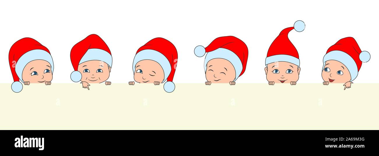 Set Christmas Children, Babies in Santa Hats. Boys and Girls with Clean Note - Illustration Vector Stock Vector