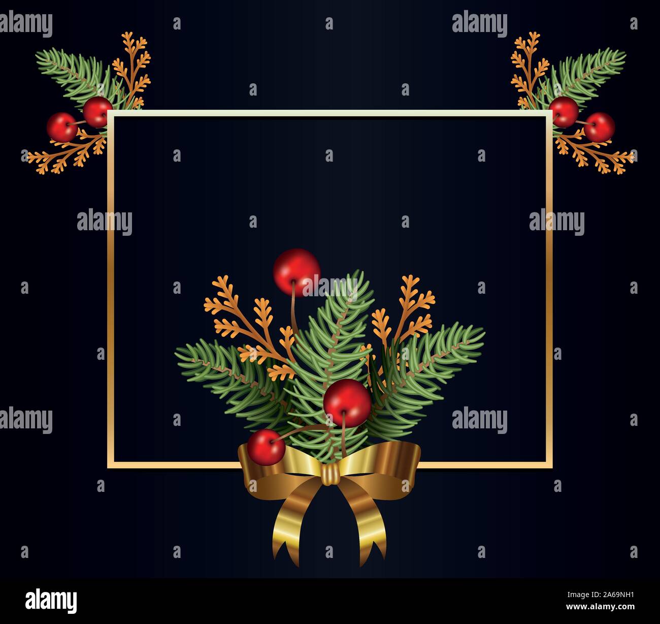 merry christmas leafs with cherries and bowtie in golden frame Stock Vector