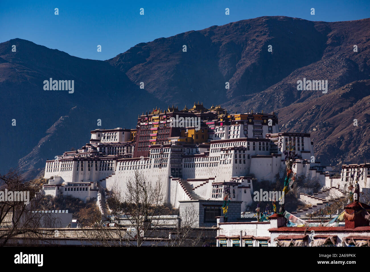 The Potala Palace was founded about 1645 A.D. and was the former summer palace of the Dalai Lama and is a UNESCO World Heritage Site in Lhasa, Tibet. Stock Photo
