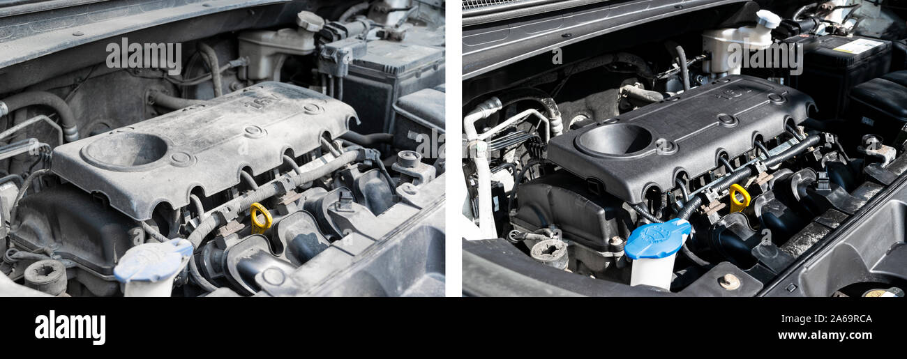 Washing car engine. Car wash service before and after washing. Before