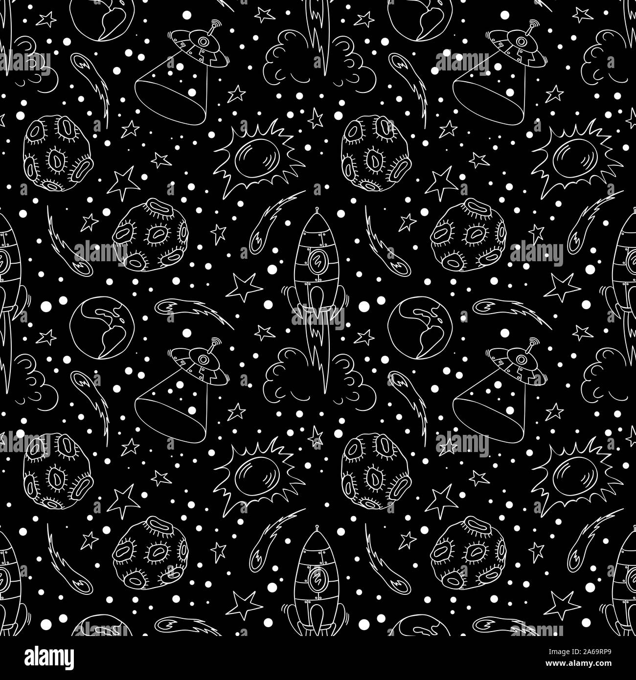 Seamless pattern with hand drawn space elements. White doodles on black ...