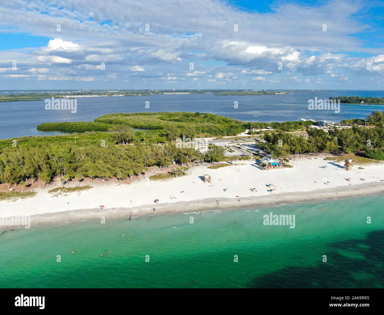 Aerial view of Anna Maria Island, white sand beaches and blue water