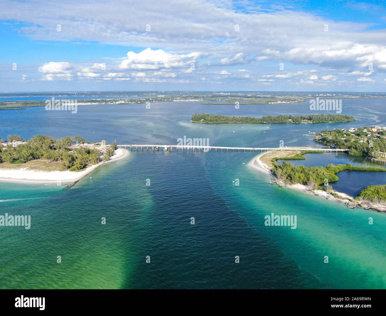 Aerial view of Anna Maria Island, white sand beaches and blue water