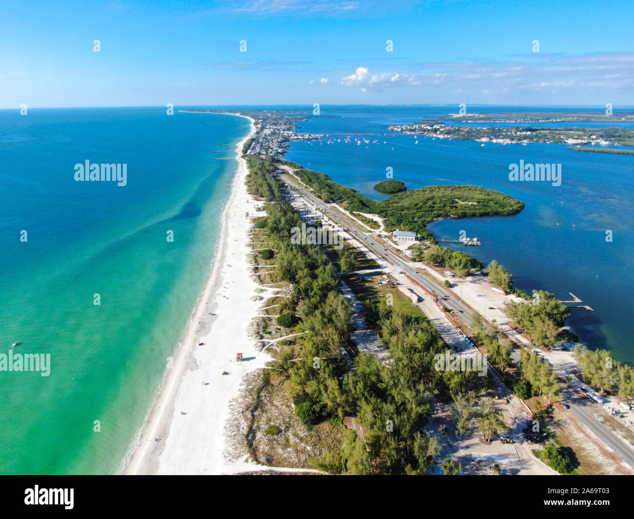 Aerial view of Anna Maria Island, white sand beaches and blue water