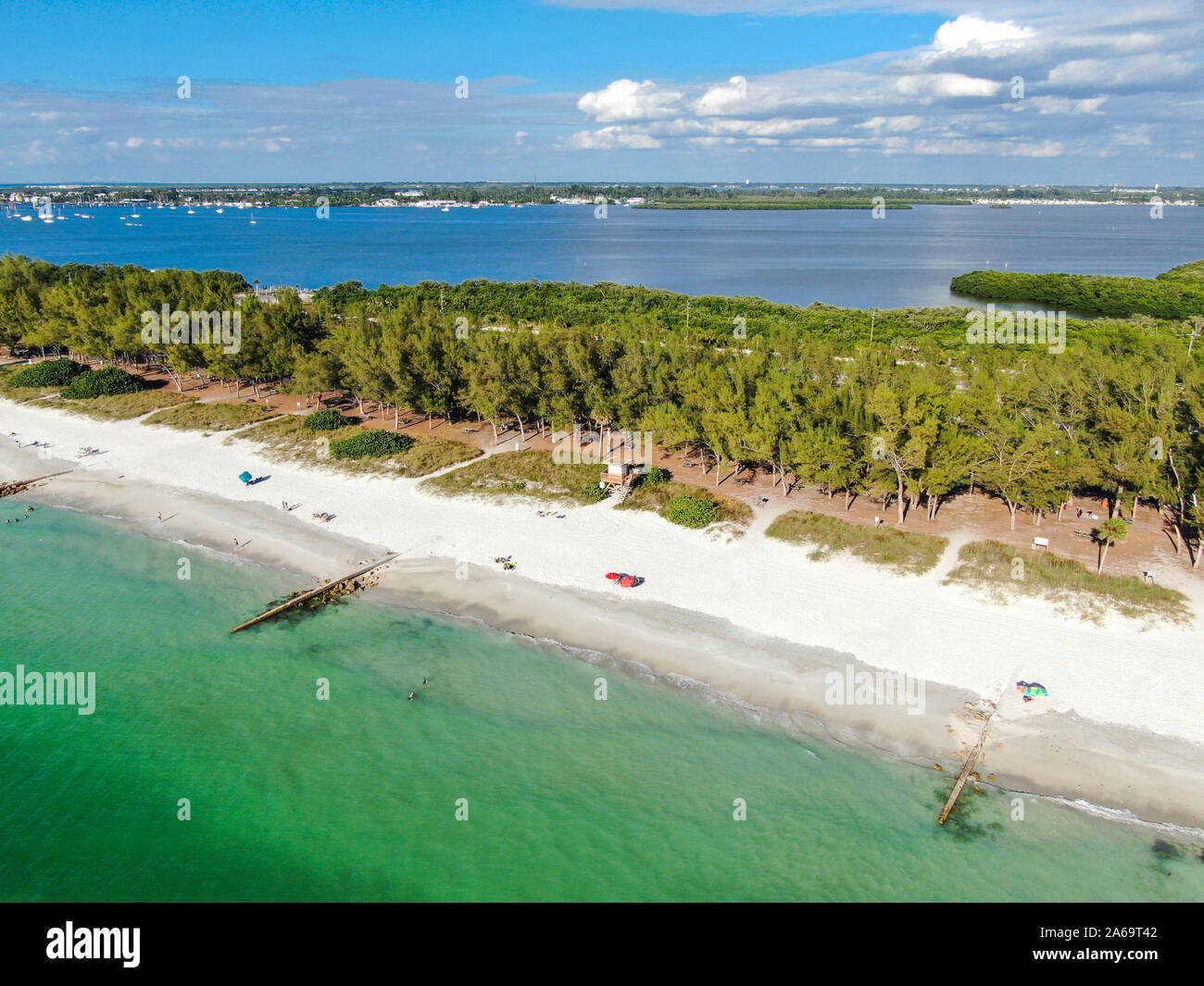 Aerial view of Anna Maria Island, white sand beaches and blue water, barrier island on Florida Gulf Coast. Manatee County. USA Stock Photo