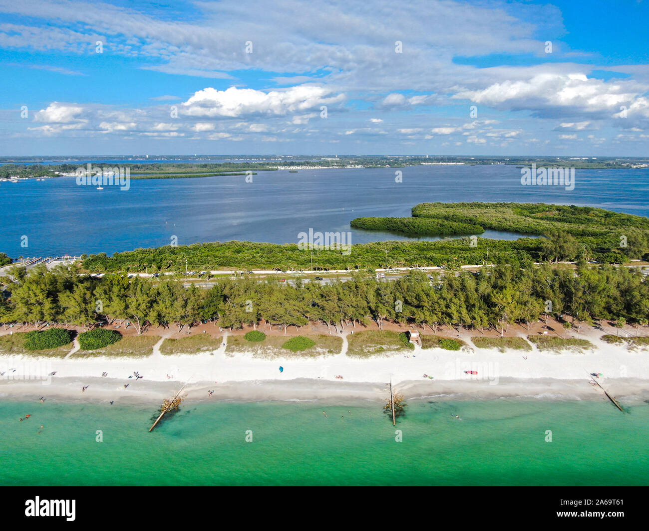 Aerial view of Anna Maria Island, white sand beaches and blue water