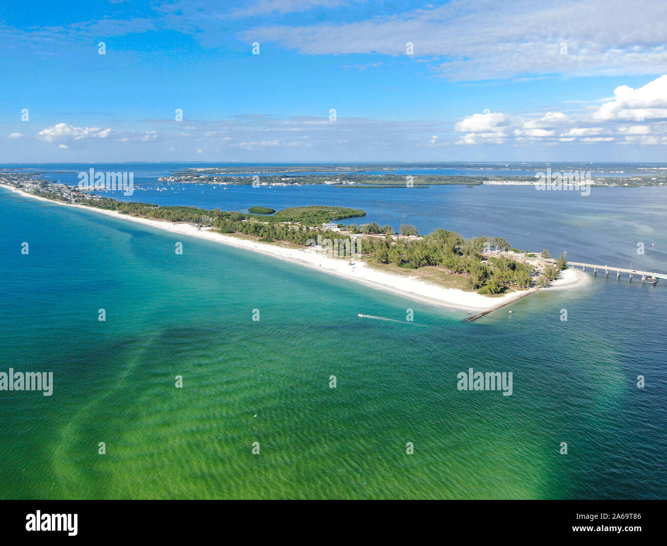 Aerial view of Anna Maria Island, white sand beaches and blue water