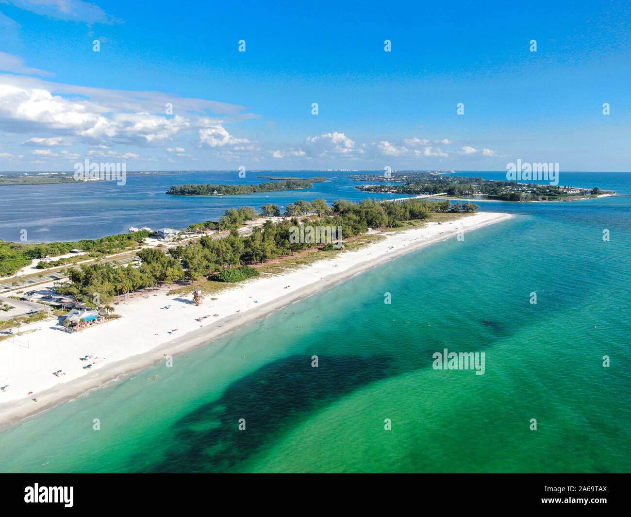 Aerial view of Anna Maria Island, white sand beaches and blue water