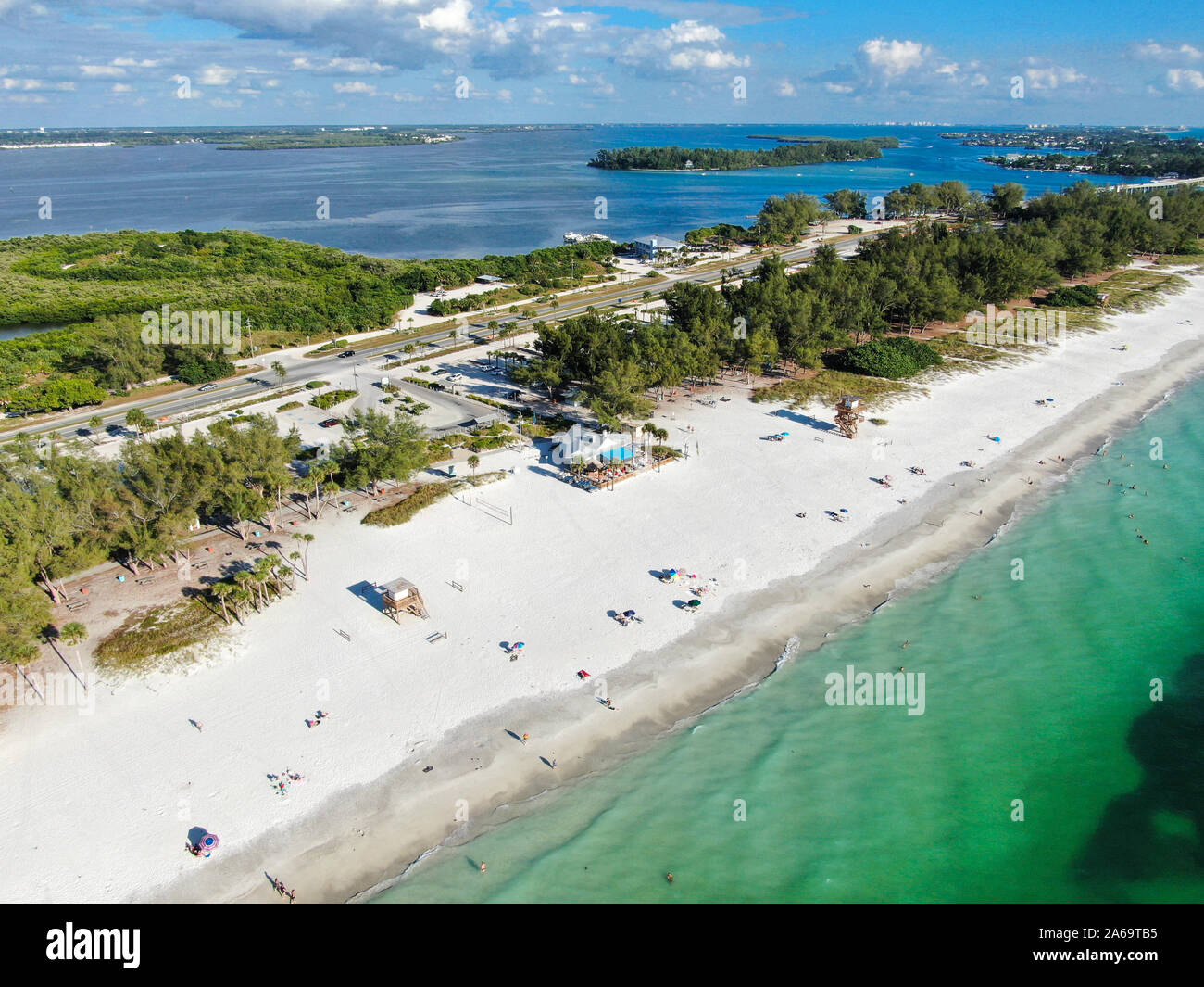 Aerial view of Anna Maria Island, white sand beaches and blue water
