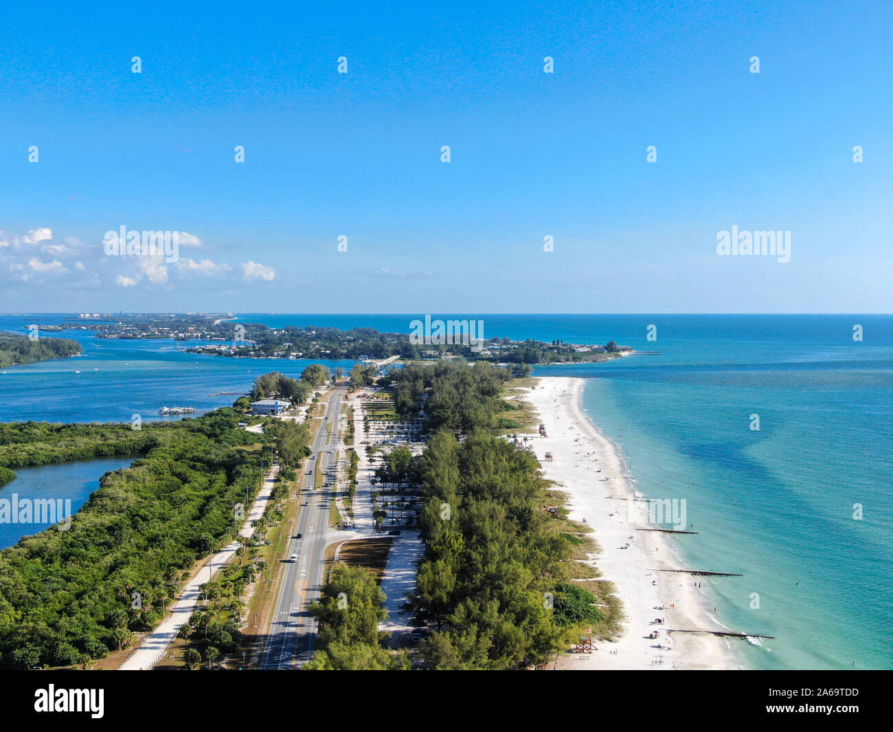 Aerial view of Anna Maria Island, white sand beaches and blue water
