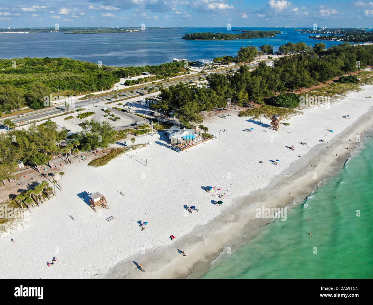 Aerial view of Anna Maria Island, white sand beaches and blue water, barrier island on Florida Gulf Coast. Manatee County. USA Stock Photo