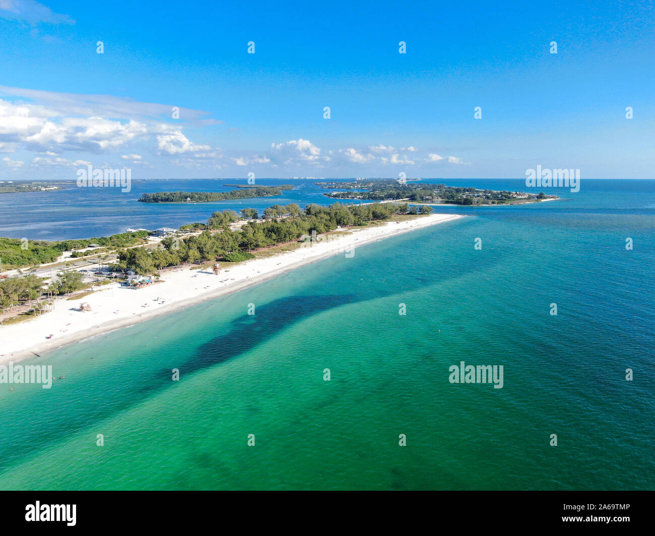Aerial view of Anna Maria Island, white sand beaches and blue water