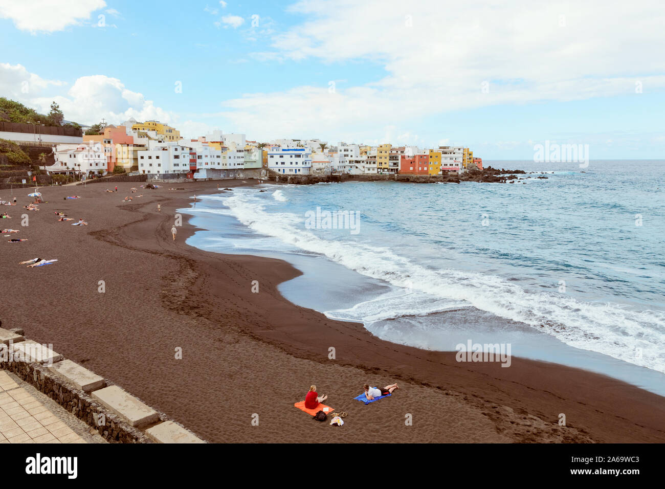 Playa Jardin  Puerto de la Cruz, in the north of Tenerife, Canary Islands, Spain.  Jardin beach with black sands is one of the most famous beaches in Stock Photo