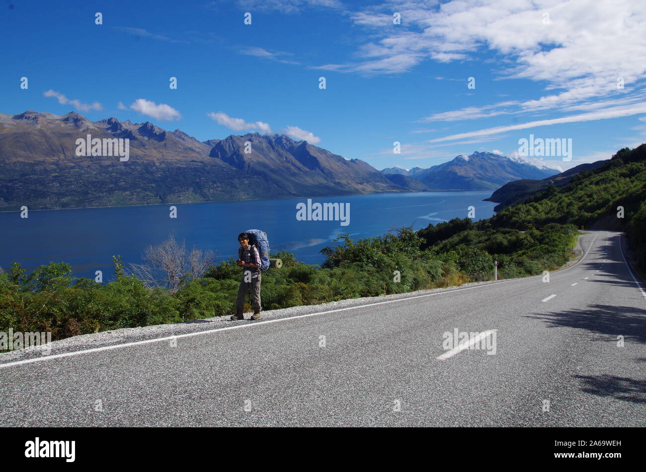 Thai female backpacker. Te Araroa Trail. GlenorchyQueenstown Road