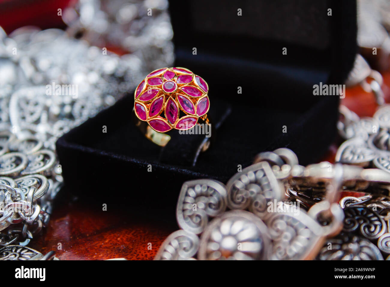 Red sapphire ring gold, gem thai style. Stock Photo