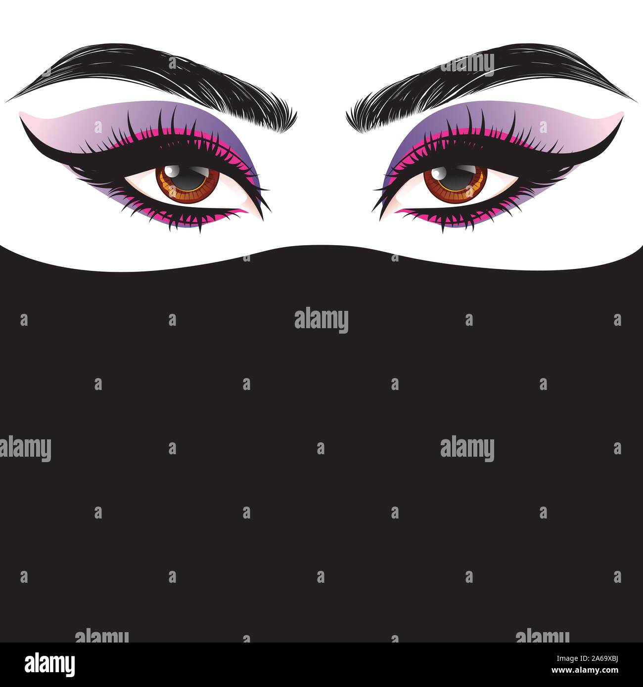Brown female eyes with long eyelashes in black hijab. Stock Vector