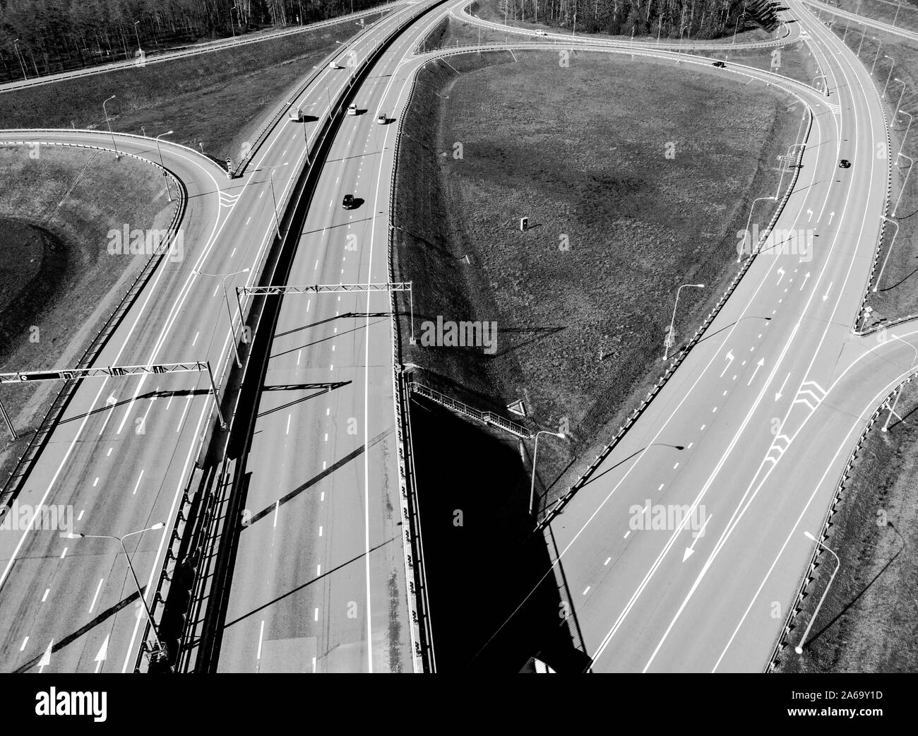 Aerial interstate highway interchange Black and White Stock Photos ...