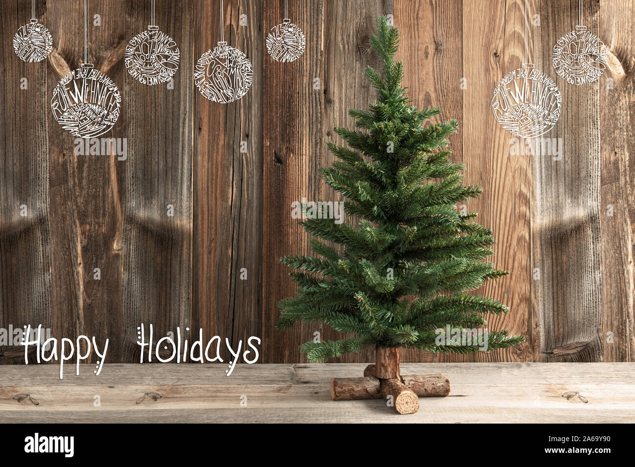 One Christmas Tree, Calligraphy Happy Holidays, Decoration Stock Photo