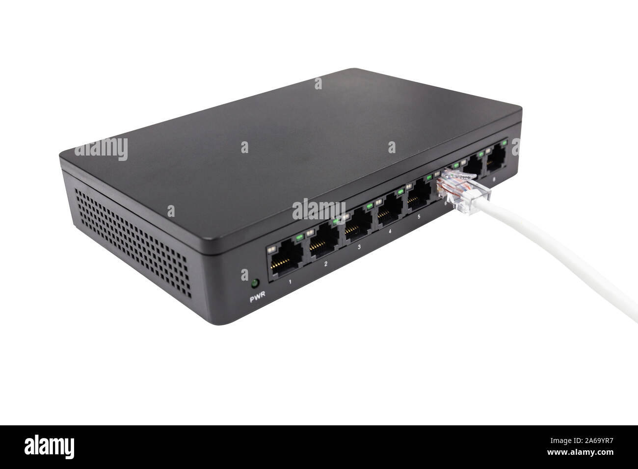 The blue network cables connect port switch on white table concept