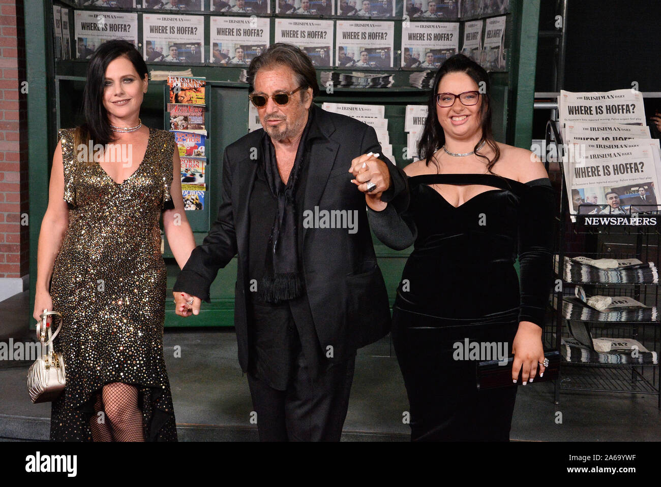 Los Angeles, United States. 24th Oct, 2019. Cast member Al Pacino and Israeli actress Meital Dohan and his daughter Olivia Pacino (R) attend the premiere of the historical crime thriller 'The Irishman' at the TCL Chinese Theatre in the Hollywood section of Los Angeles on Thursday, October 24, 2019. Storyline: Frank 'The Irishman' Sheeran is a man with a lot on his mind. The former labor union high official and hitman, learned to kill serving in Italy during the Second World War. Credit: UPI/Alamy Live News Stock Photo