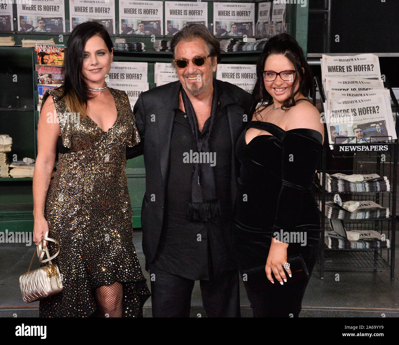 Los Angeles, United States. 24th Oct, 2019. Cast member Al Pacino and Israeli actress Meital Dohan and his daughter Olivia Pacino (R) attend the premiere of the historical crime thriller "The Irishman" at the TCL Chinese Theatre in the Hollywood section of Los Angeles on Thursday, October 24, 2019. Storyline: Frank "The Irishman" Sheeran is a man with a lot on his mind. The former labor union high official and hitman, learned to kill serving in Italy during the Second World War. Credit: UPI/Alamy Live News Stock Photo