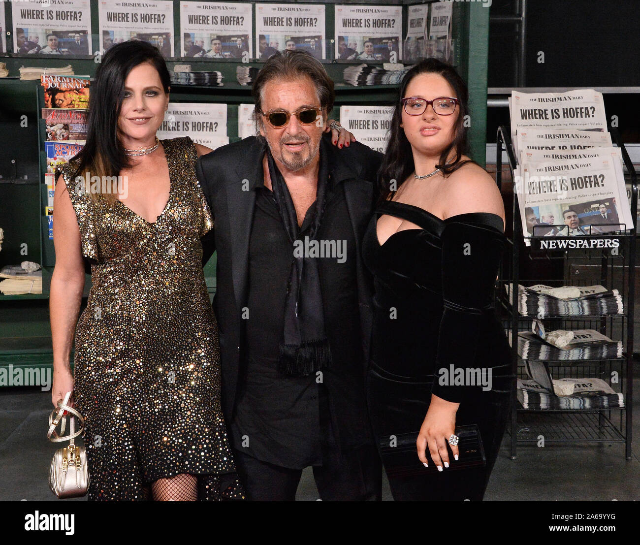 Los Angeles, United States. 24th Oct, 2019. Cast member Al Pacino and Israeli actress Meital Dohan and his daughter Olivia Pacino (R) attend the premiere of the historical crime thriller 'The Irishman' at the TCL Chinese Theatre in the Hollywood section of Los Angeles on Thursday, October 24, 2019. Storyline: Frank 'The Irishman' Sheeran is a man with a lot on his mind. The former labor union high official and hitman, learned to kill serving in Italy during the Second World War. Credit: UPI/Alamy Live News Stock Photo