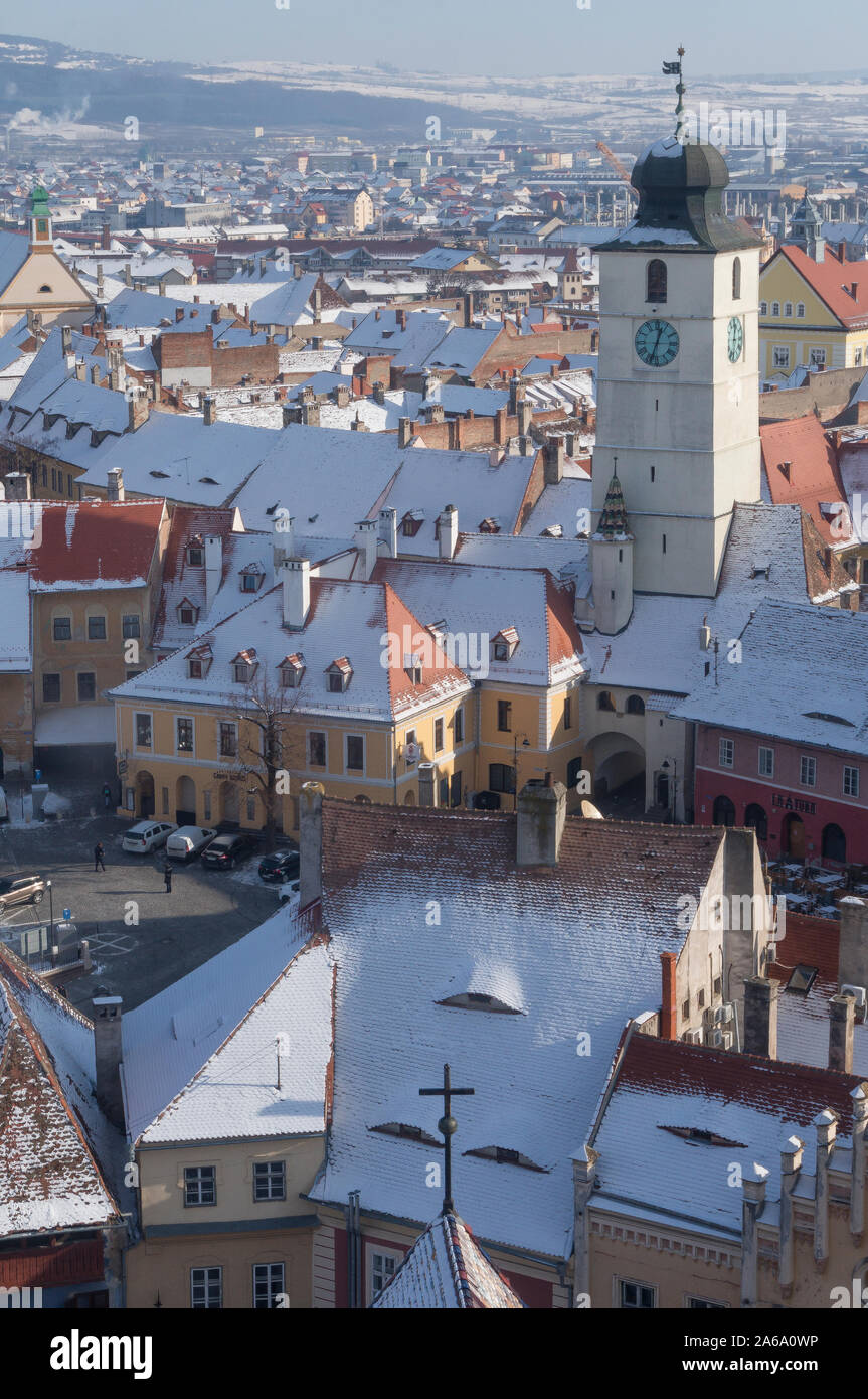 Panoramic view of Sibiu central square in Transylvania, Romania