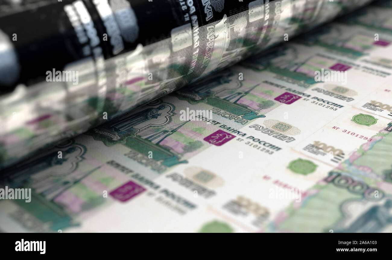 A concept image showing a sheet of Russian Ruble notes going through a print roller in its final ...