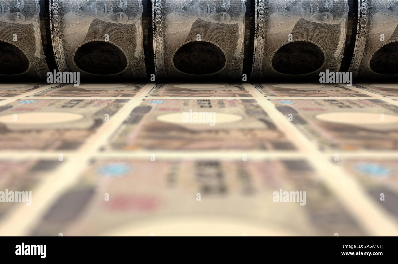 A concept image showing a sheet of Japanese Yen notes going through a print roller in its final phase of a print run - 3D render Stock Photo