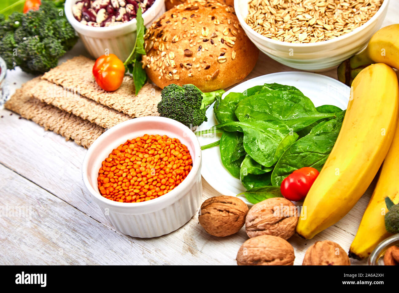 Highty Food Set of high dietary fibre health food product concept with fruit ...