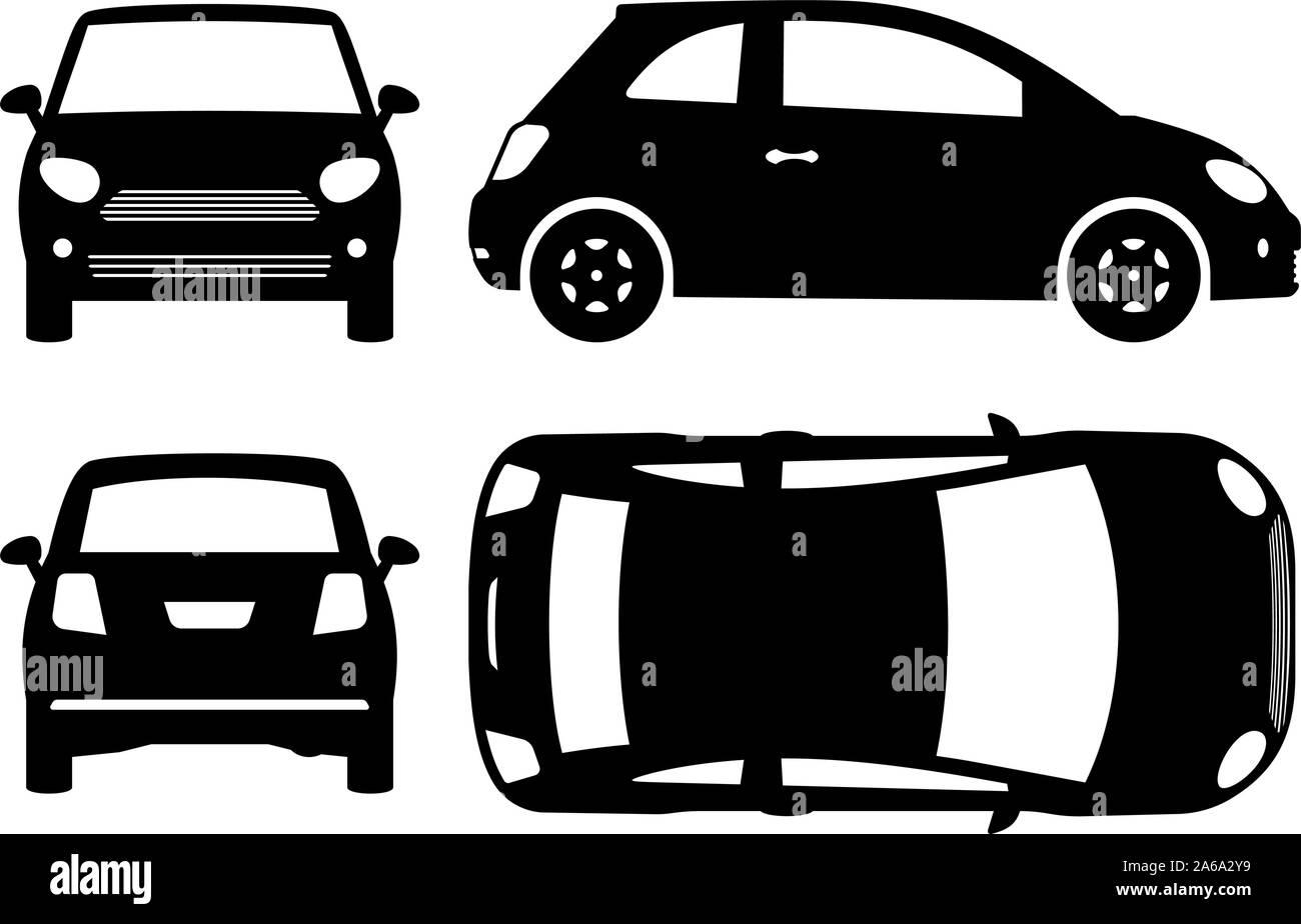 Small car silhouette on white background. Vehicle icons set view from side, front, back, and top Stock Vector
