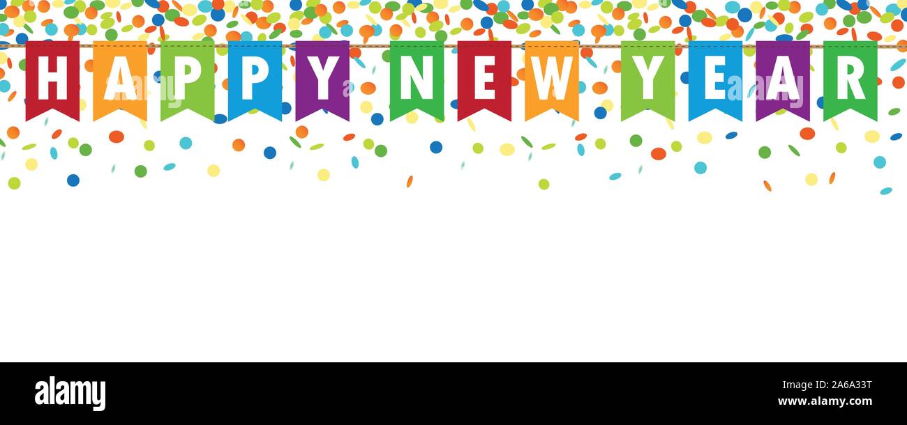 happy new year party flags banner with confetti rain on white