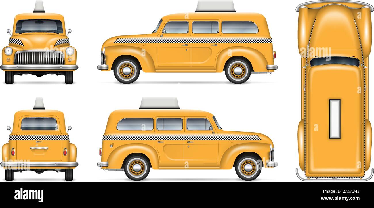 Retro taxi cab vector mockup on white background for vehicle branding, corporate identity and advertisement, easy editing and recolor Stock Vector