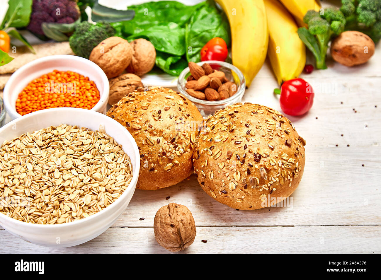 Highty Food High Fiber Foods on white wooden background, Healthy balanced dieting ...