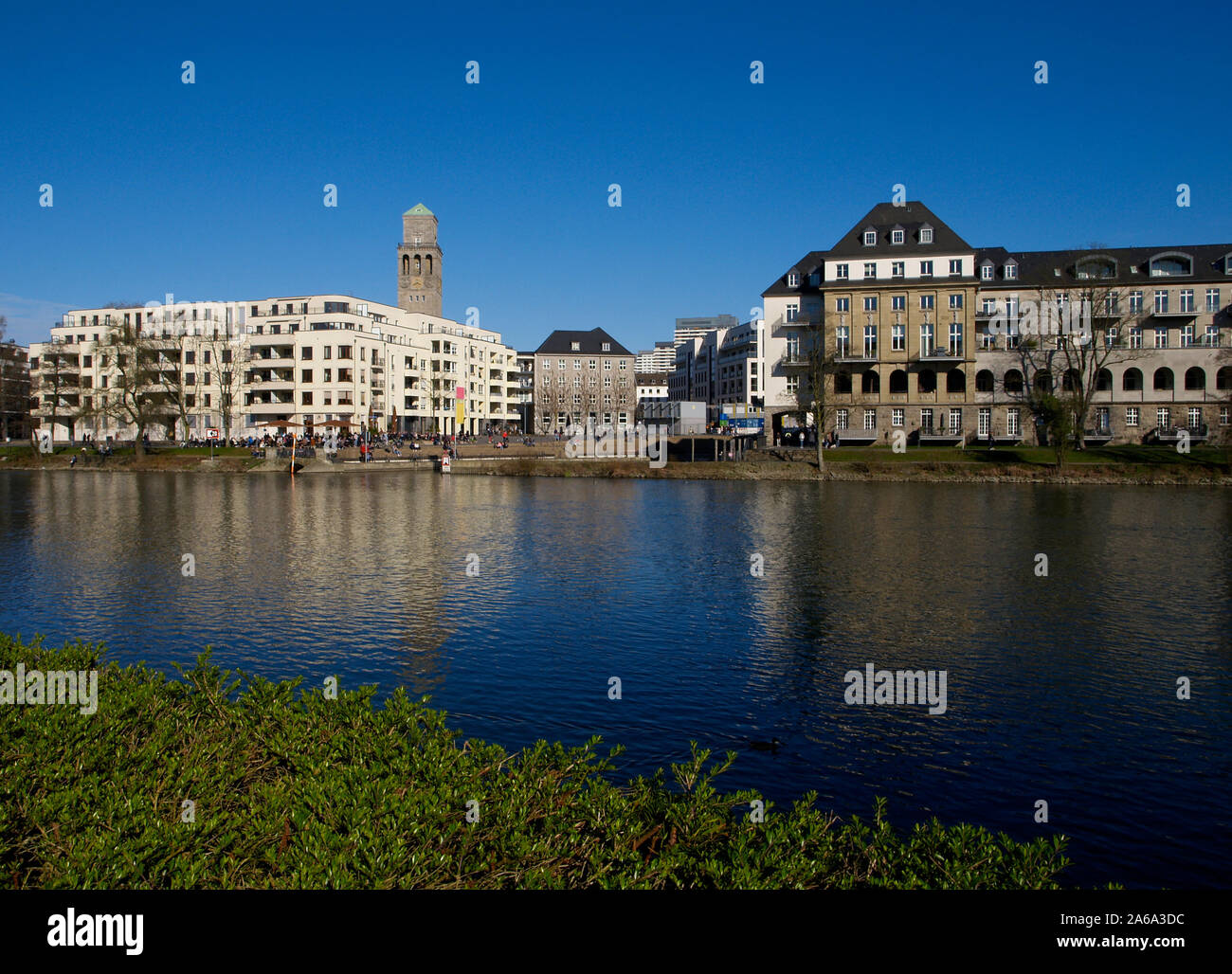 town hall tower and 'Schlossbrücke' (castle bridge) at the river Ruhr Stock Photo