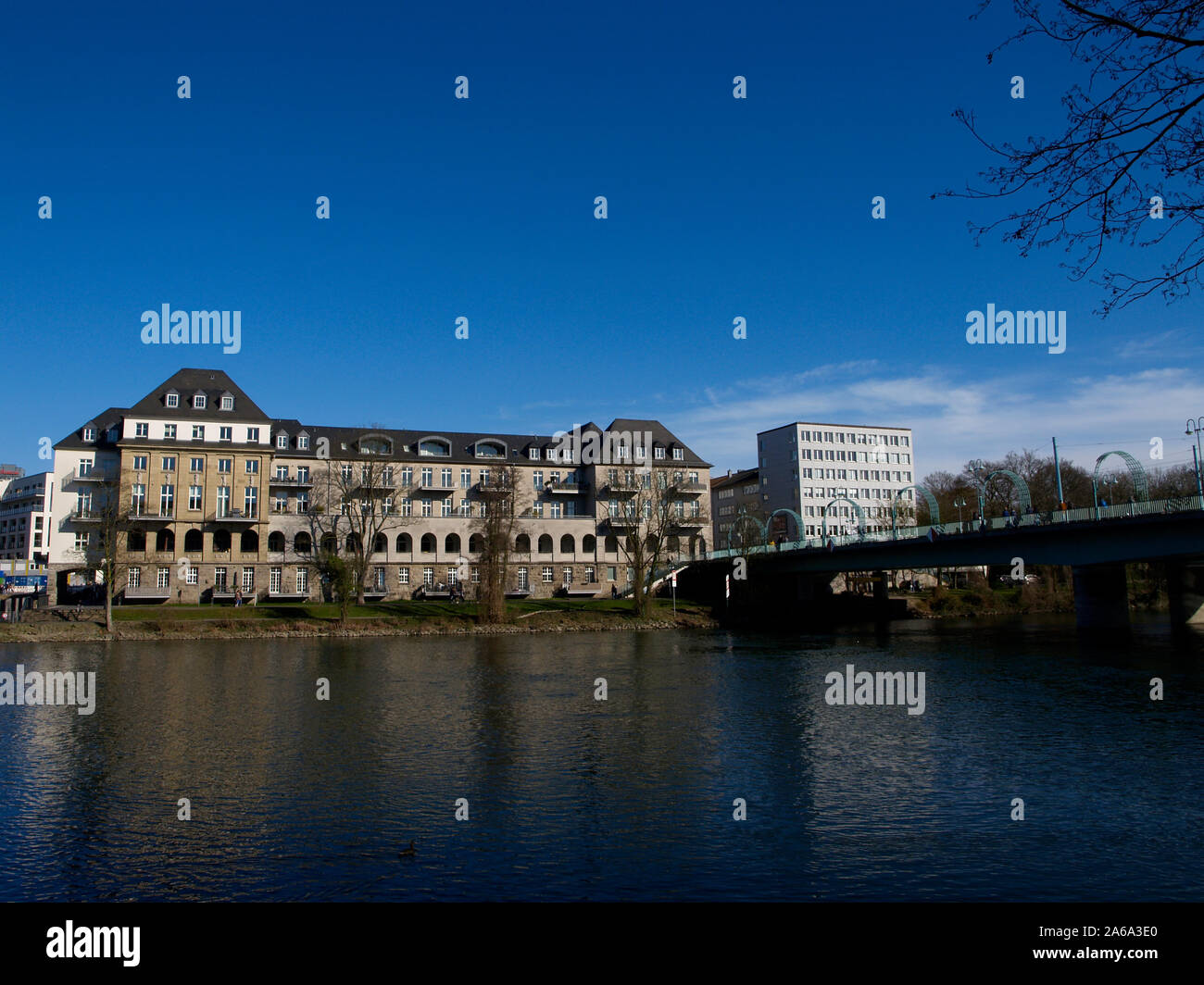 town hall tower and 'Schlossbrücke' (castle bridge) at the river Ruhr Stock Photo
