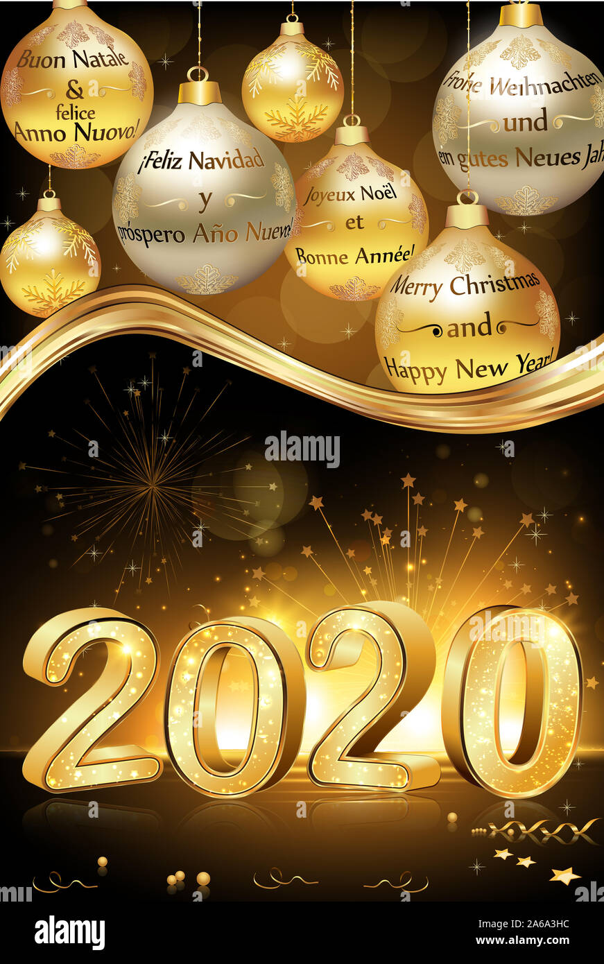 Merry Christmas and Happy New Year 2020 written in many languages English, French, Spanish, German, Italian and Dutch. Stock Photo