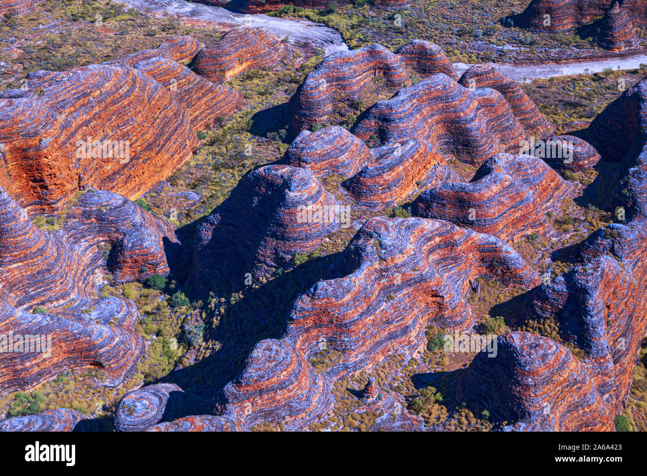 Aerial view of the beehive like  colourful sandstone formations of the Bungle Bungles, Purnululu National Park, Kimberley, Australia Stock Photo