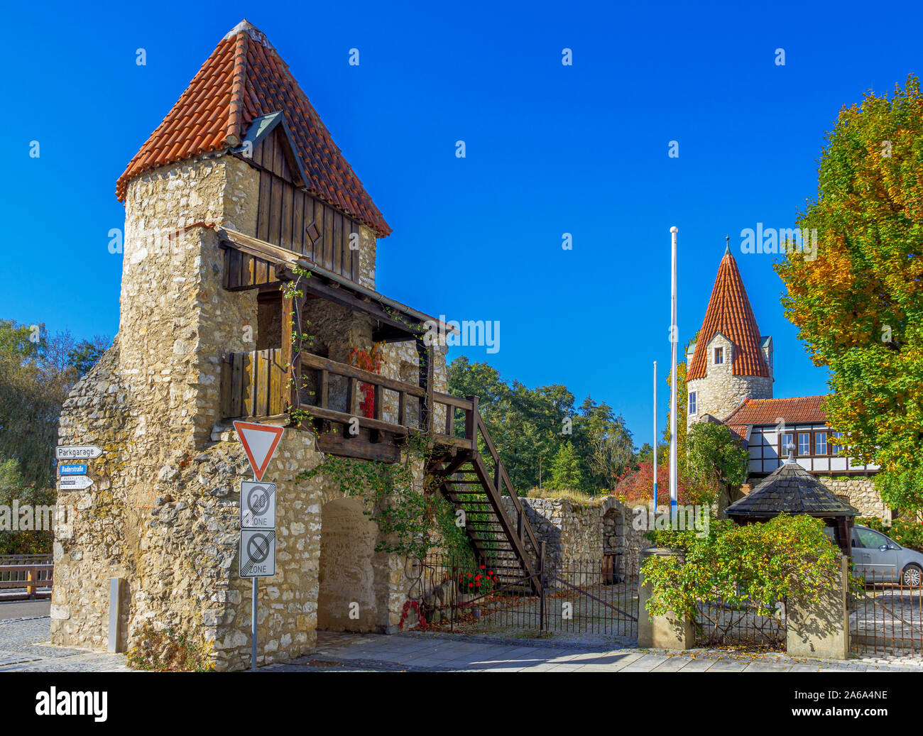 City wall and tower, Abensberg, Lower Bavaria, Bavaria, Germany, Europe Stock Photo