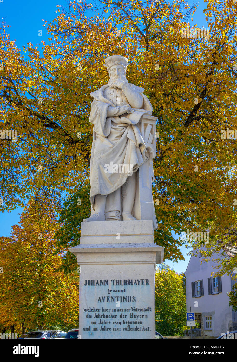 Statue of Johannes Aventinus, philologist and historian, Abensberg, Lower Bavaria, Bavaria, Germany, Europe Stock Photo